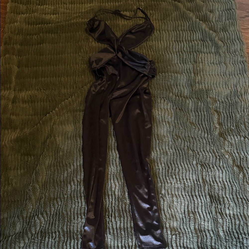 Michael Costello Elegant Black Satin Jumpsuit